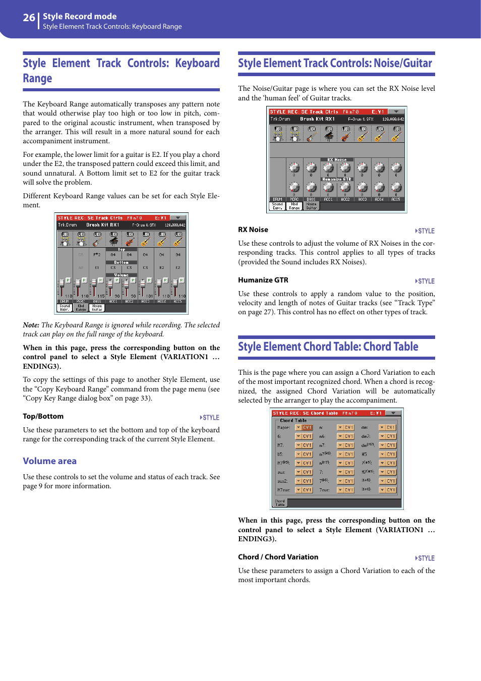 Style element track controls: keyboard range, Volume area, Style element track controls: noise/guitar | Style element chord table: chord table | KORG Professional Engineer PA3 User Manual | Page 28 / 250