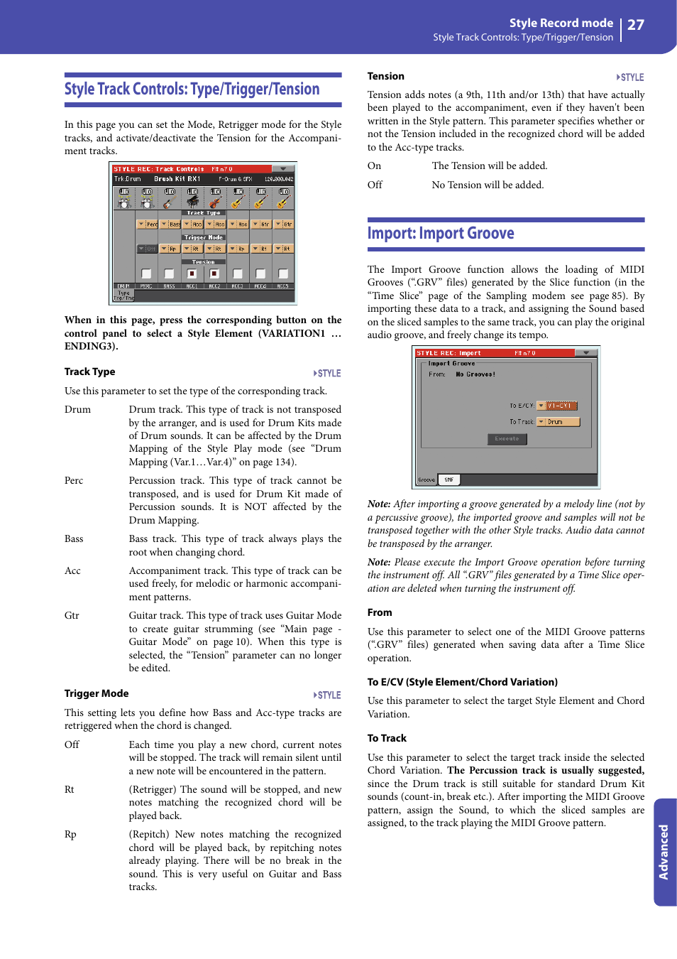 Style track controls: type/trigger/tension, Import: import groove | KORG Professional Engineer PA3 User Manual | Page 29 / 250