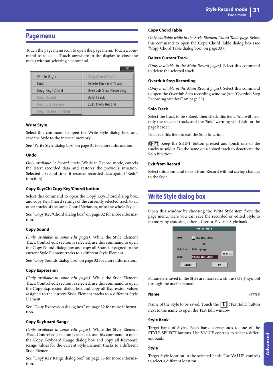 Write style dialog box, Overdub step recording” c, Write style | Exit from record” co, E “write style, Exit from record, Copy sound, Copy expression, E “copy keyboard range, Page menu | KORG Professional Engineer PA3 User Manual | Page 33 / 250