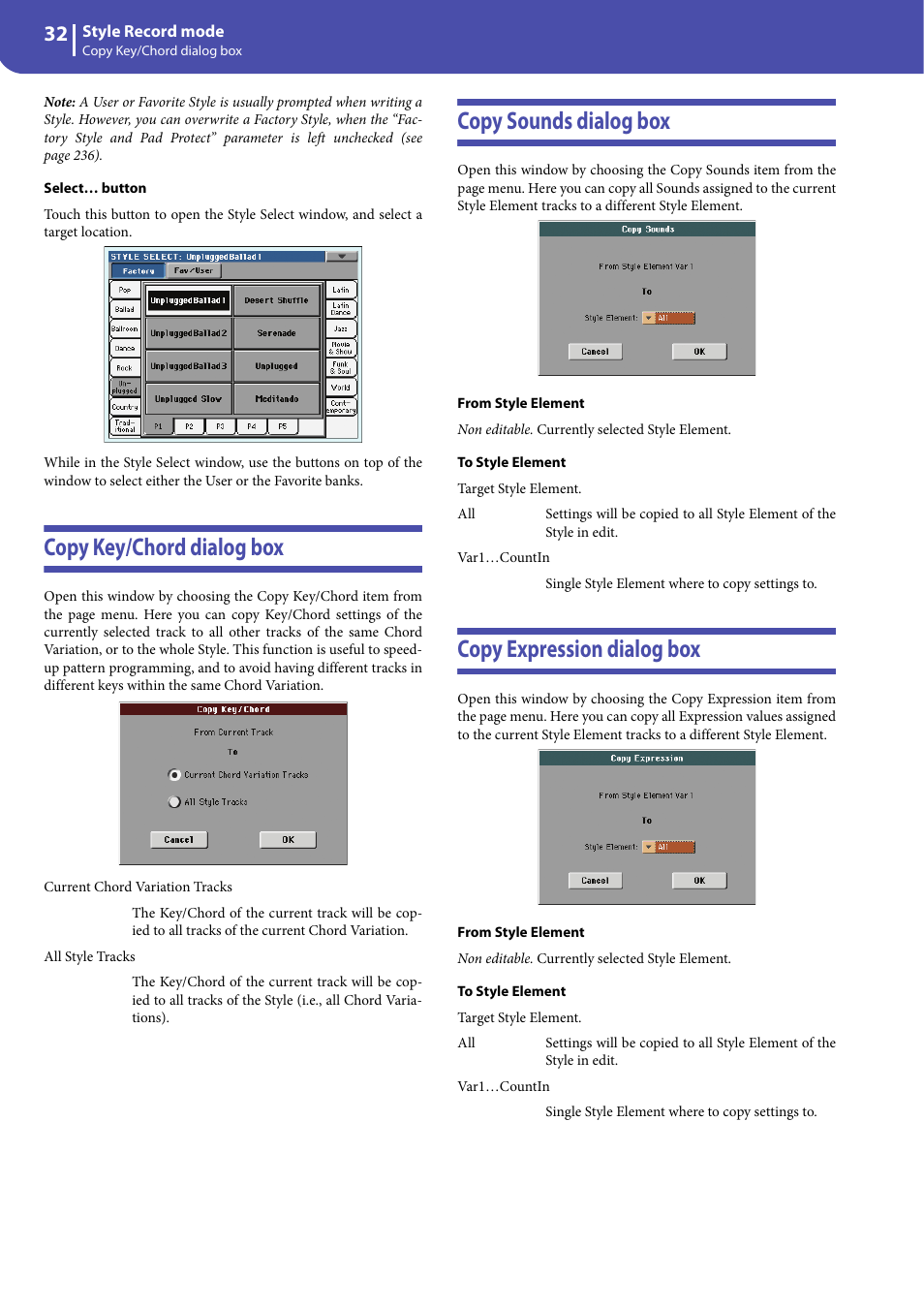 Copy key/chord dialog box, Copy sounds dialog box, Copy expression dialog box | Copy expres- sion dialog box | KORG Professional Engineer PA3 User Manual | Page 34 / 250