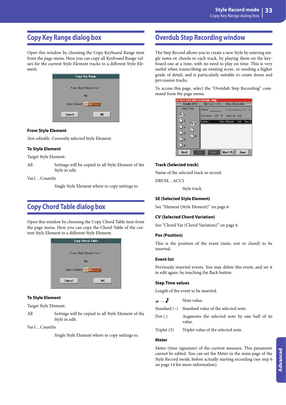 Copy key range dialog box, Copy chord table dialog box, Overdub step recording window | E “step time values” a | KORG Professional Engineer PA3 User Manual | Page 35 / 250
