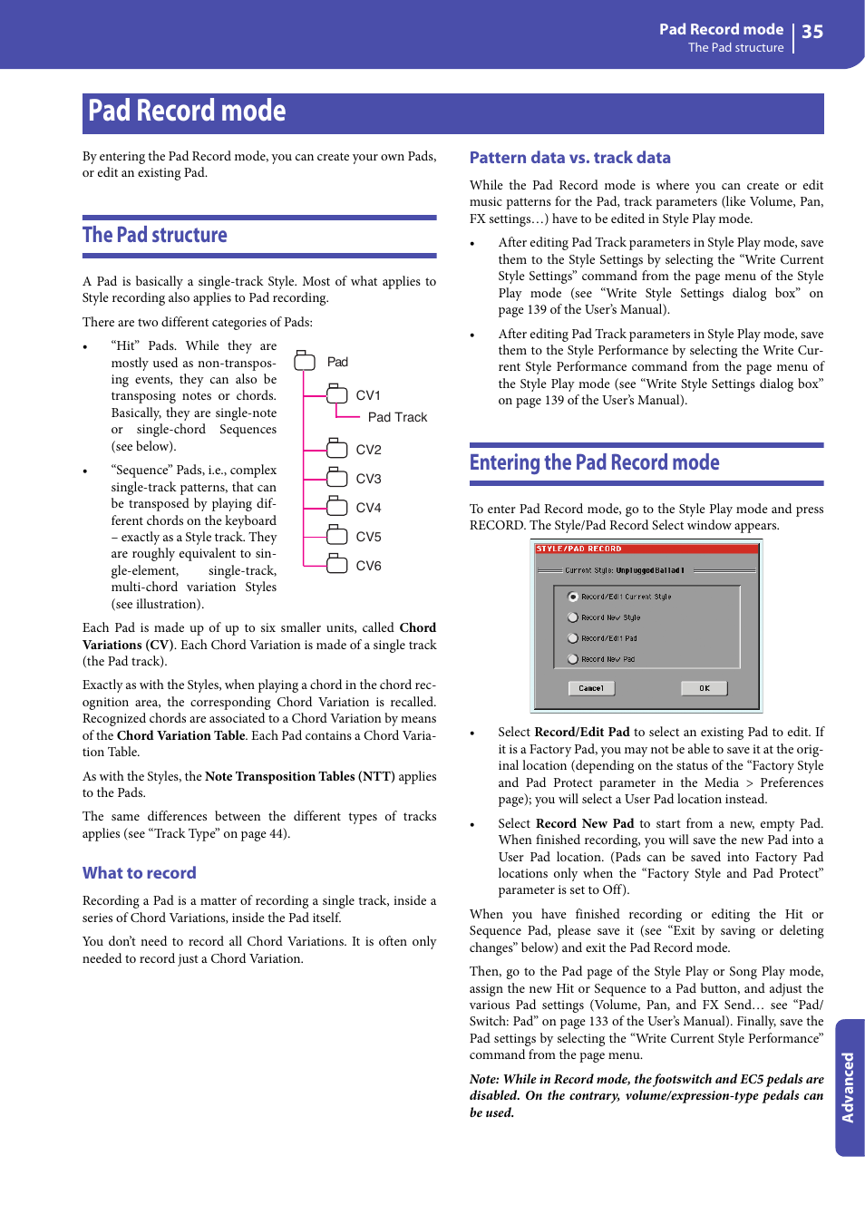 Pad record mode, The pad structure, What to record | Pattern data vs. track data, Entering the pad record mode | KORG Professional Engineer PA3 User Manual | Page 37 / 250