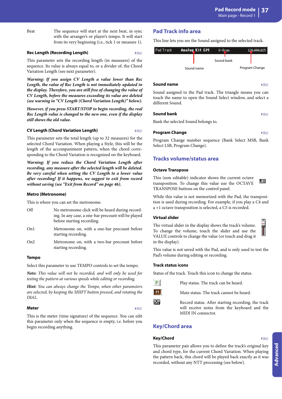 Pad track info area, Tracks volume/status area, Key/chord area | KORG Professional Engineer PA3 User Manual | Page 39 / 250