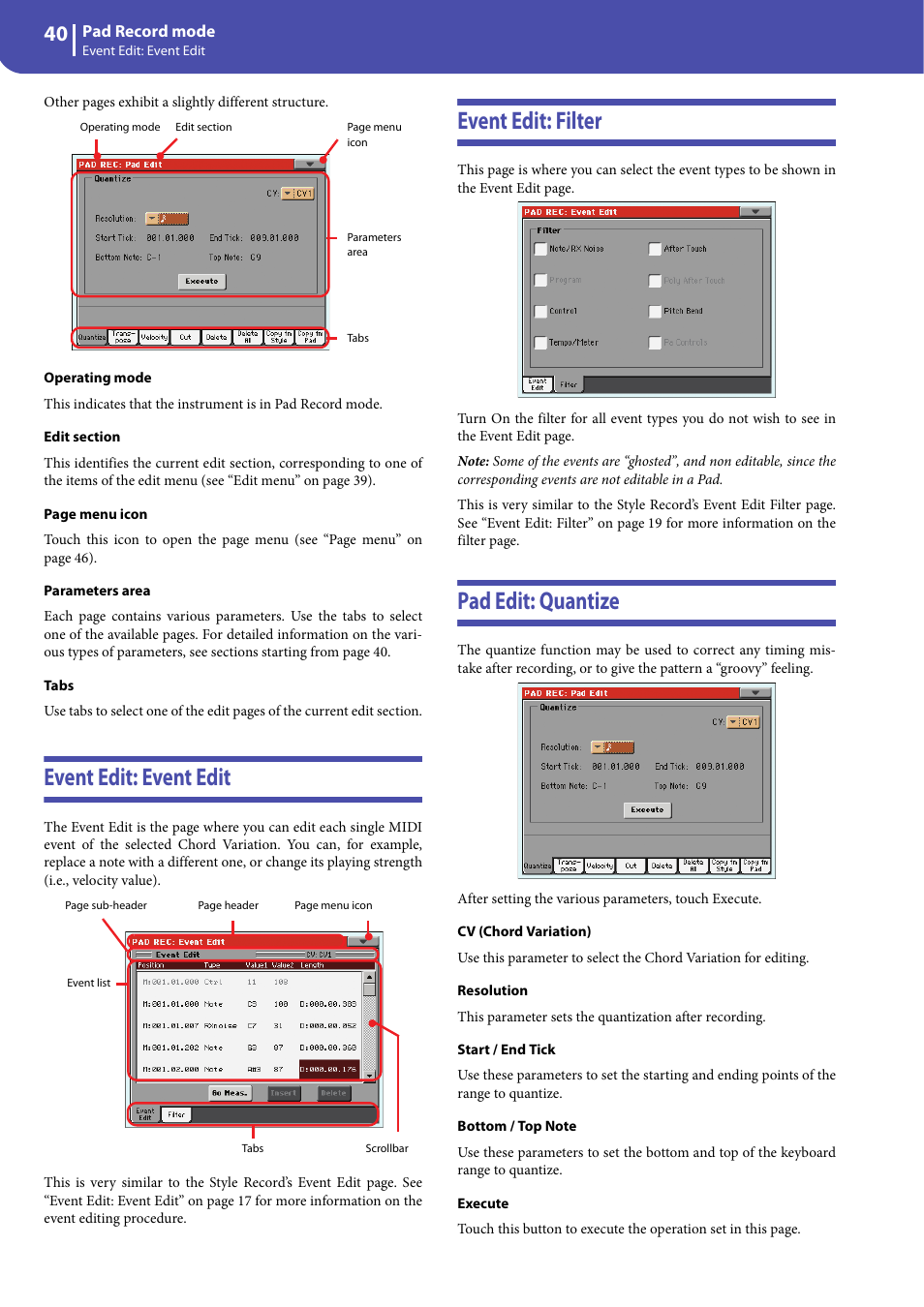Event edit: event edit, Event edit: filter, Pad edit: quantize | KORG Professional Engineer PA3 User Manual | Page 42 / 250