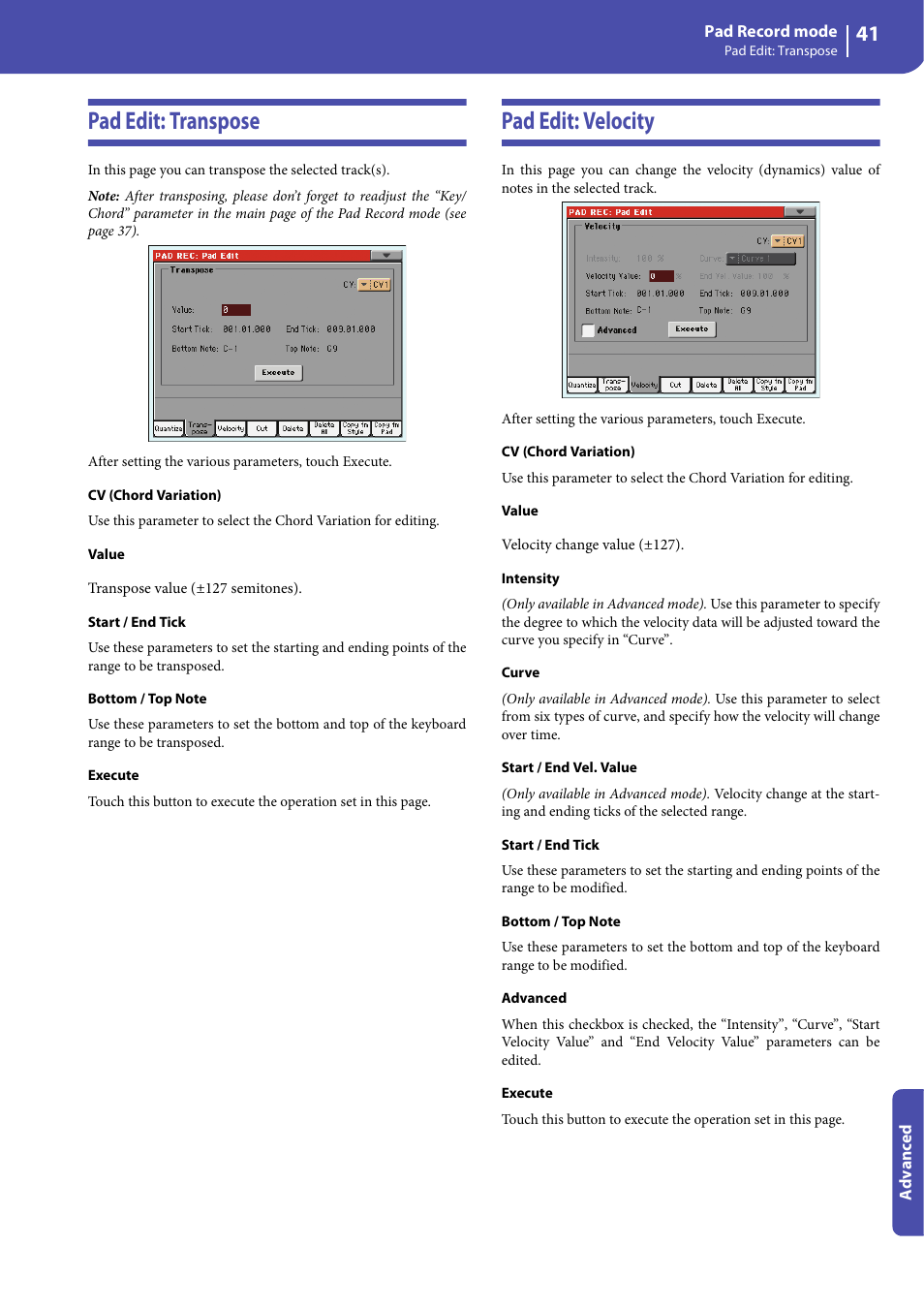 Pad edit: transpose, Pad edit: velocity, Pad edit: transpose pad edit: velocity | KORG Professional Engineer PA3 User Manual | Page 43 / 250