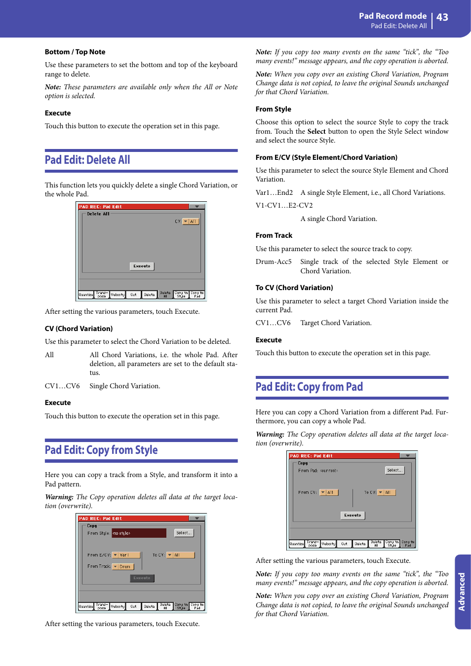 Pad edit: delete all, Pad edit: copy from style, Pad edit: copy from pad | KORG Professional Engineer PA3 User Manual | Page 45 / 250