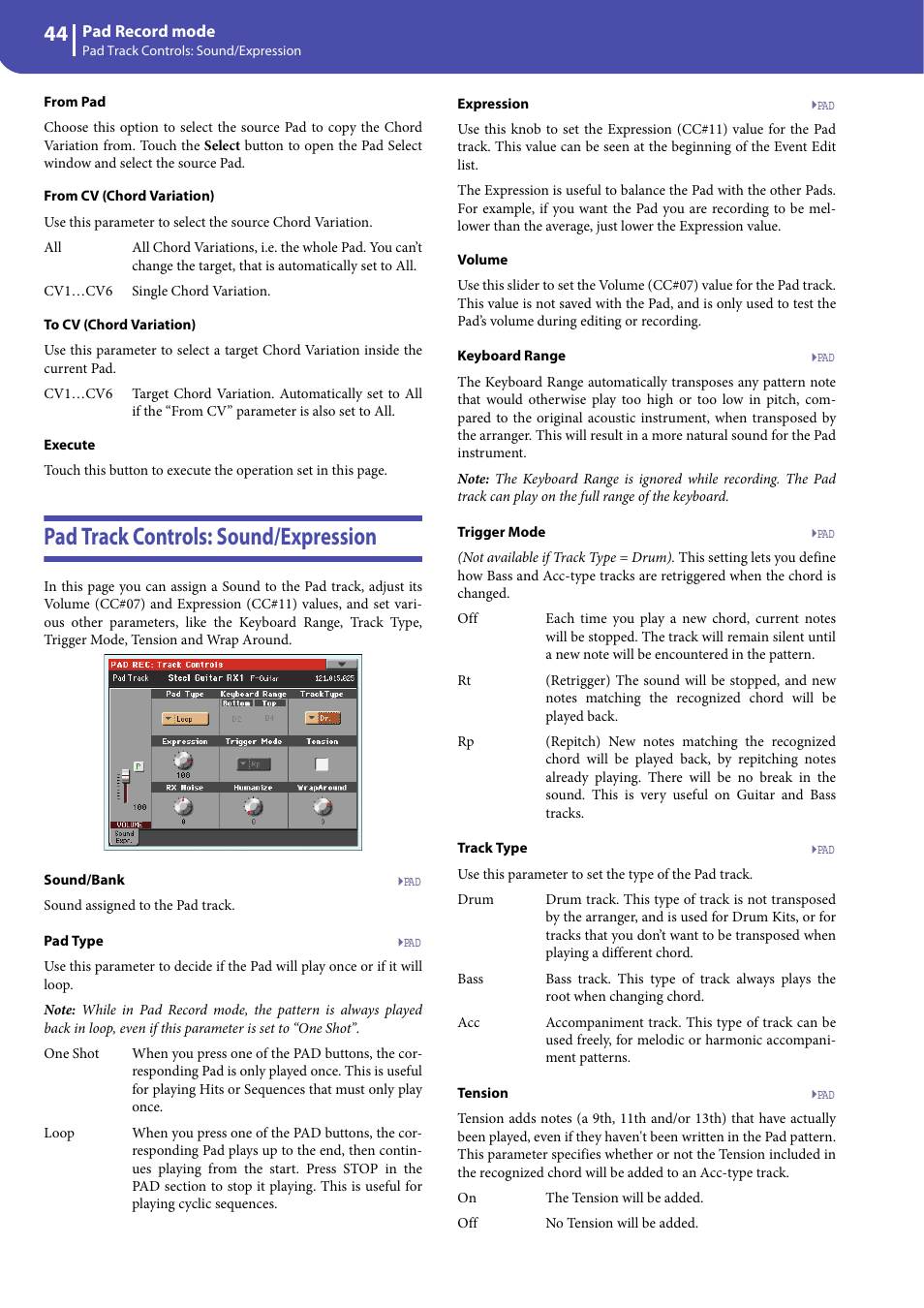 Pad track controls: sound/expression, Pad type | KORG Professional Engineer PA3 User Manual | Page 46 / 250