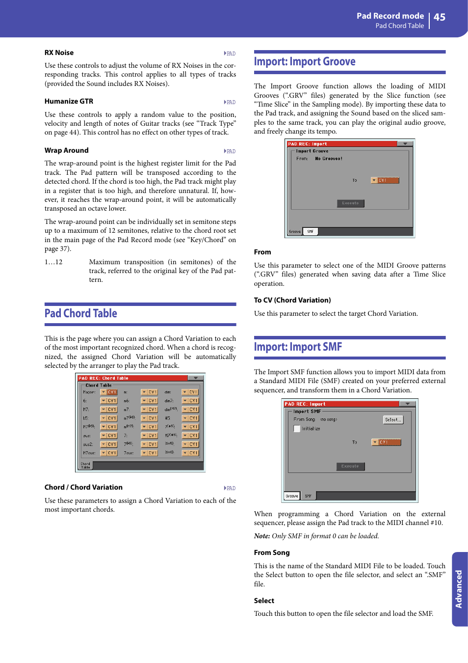 Pad chord table, Import: import groove, Import: import smf | KORG Professional Engineer PA3 User Manual | Page 47 / 250