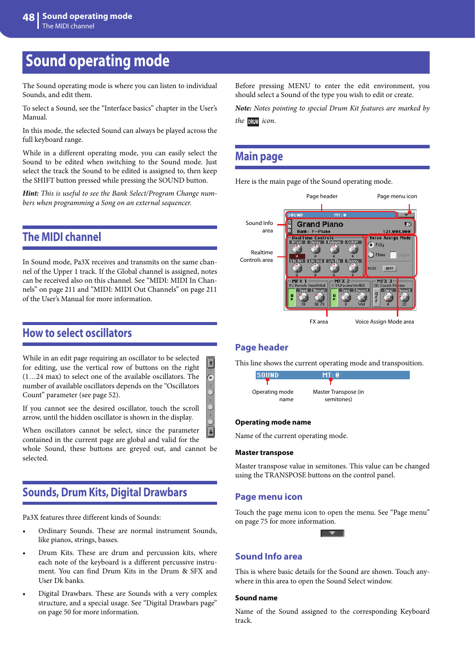 Sound operating mode, The midi channel, How to select oscillators | Sounds, drum kits, digital drawbars, Sound info area, Main page | KORG Professional Engineer PA3 User Manual | Page 50 / 250