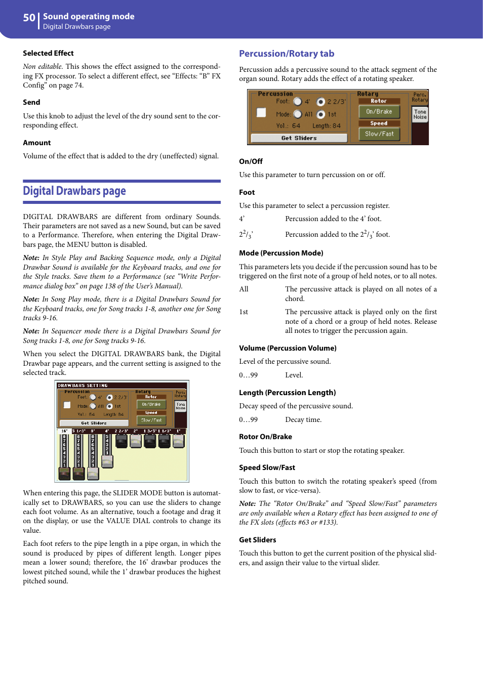 Percussion/rotary tab, Digital drawbars page | KORG Professional Engineer PA3 User Manual | Page 52 / 250