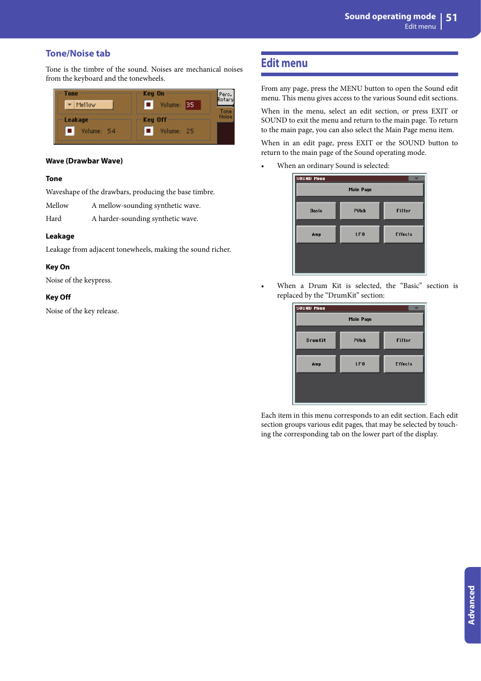 Tone/noise tab, Edit menu | KORG Professional Engineer PA3 User Manual | Page 53 / 250