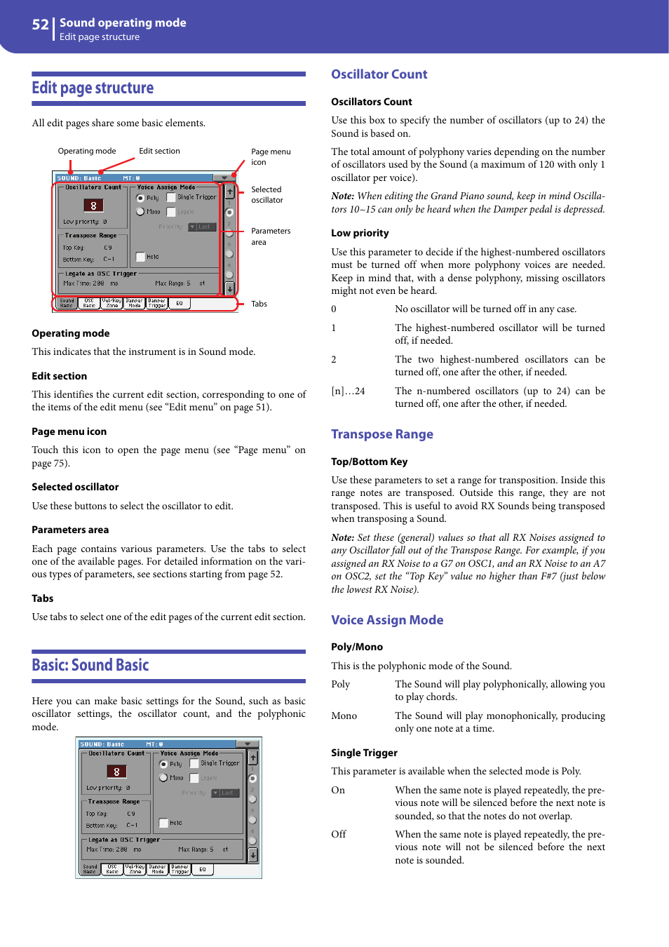 Basic: sound basic, Oscillator count, Transpose range | Voice assign mode, Oscillators count” pa, Edit page structure | KORG Professional Engineer PA3 User Manual | Page 54 / 250