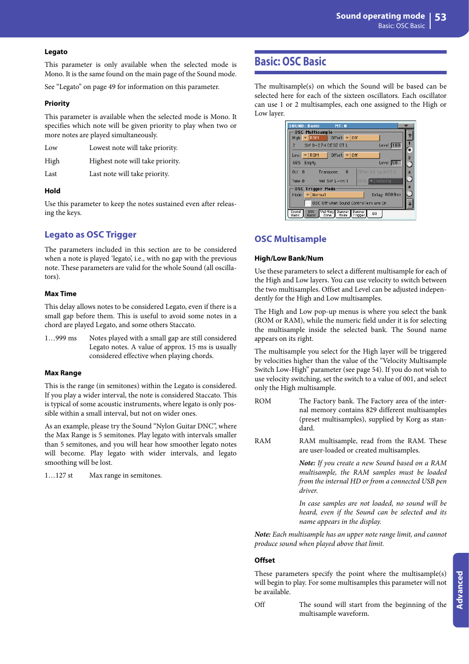 Legato as osc trigger, Basic: osc basic, Osc multisample | KORG Professional Engineer PA3 User Manual | Page 55 / 250