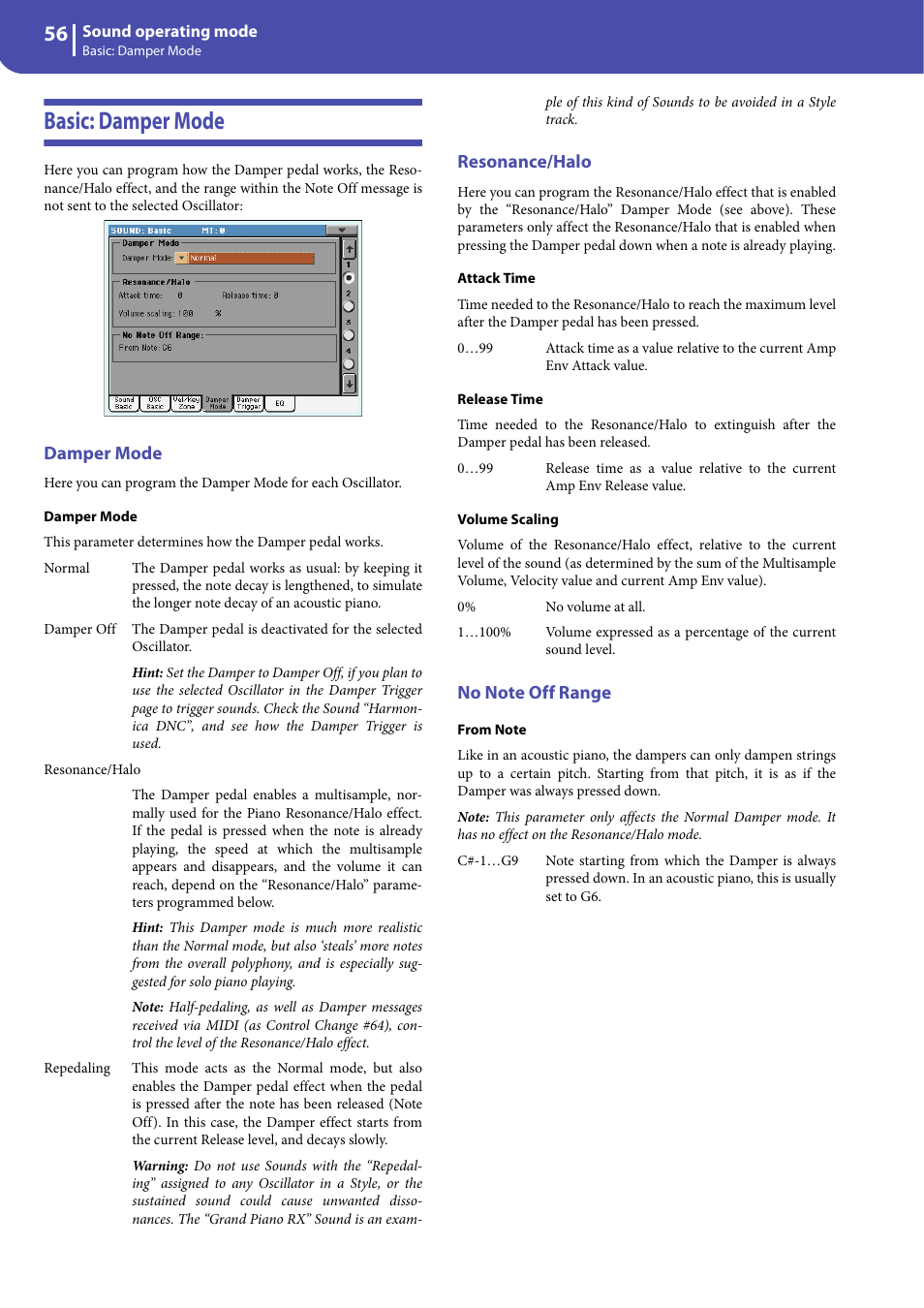 Basic: damper mode, Damper mode, Resonance/halo | No note off range | KORG Professional Engineer PA3 User Manual | Page 58 / 250