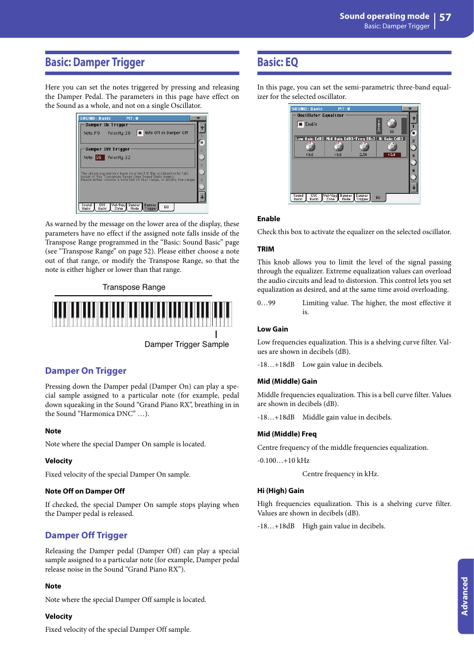 Basic: damper trigger, Damper on trigger, Damper off trigger | Basic: eq, Basic: damper trigger basic: eq | KORG Professional Engineer PA3 User Manual | Page 59 / 250