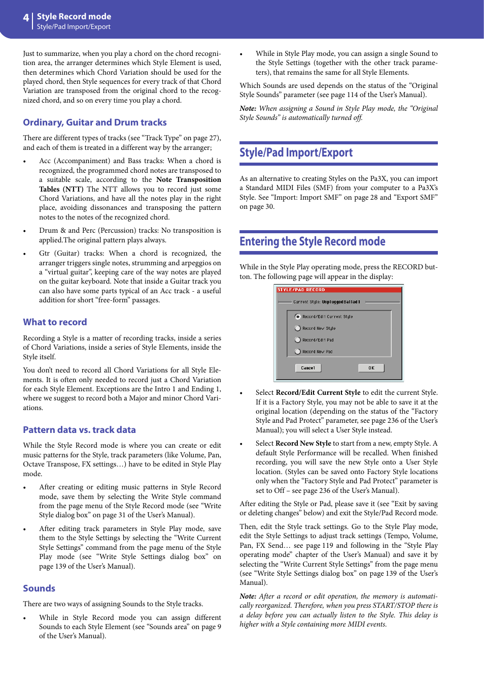 Ordinary, guitar and drum tracks, What to record, Pattern data vs. track data | Sounds, Style/pad import/export, Entering the style record mode | KORG Professional Engineer PA3 User Manual | Page 6 / 250