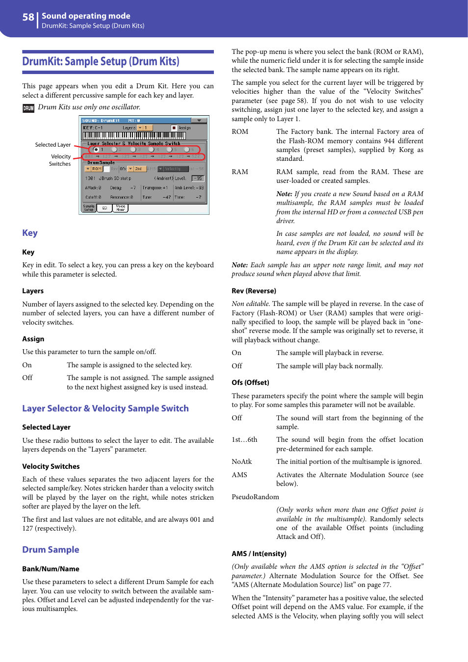 Drumkit: sample setup (drum kits), Layer selector & velocity sample switch, Drum sample | KORG Professional Engineer PA3 User Manual | Page 60 / 250