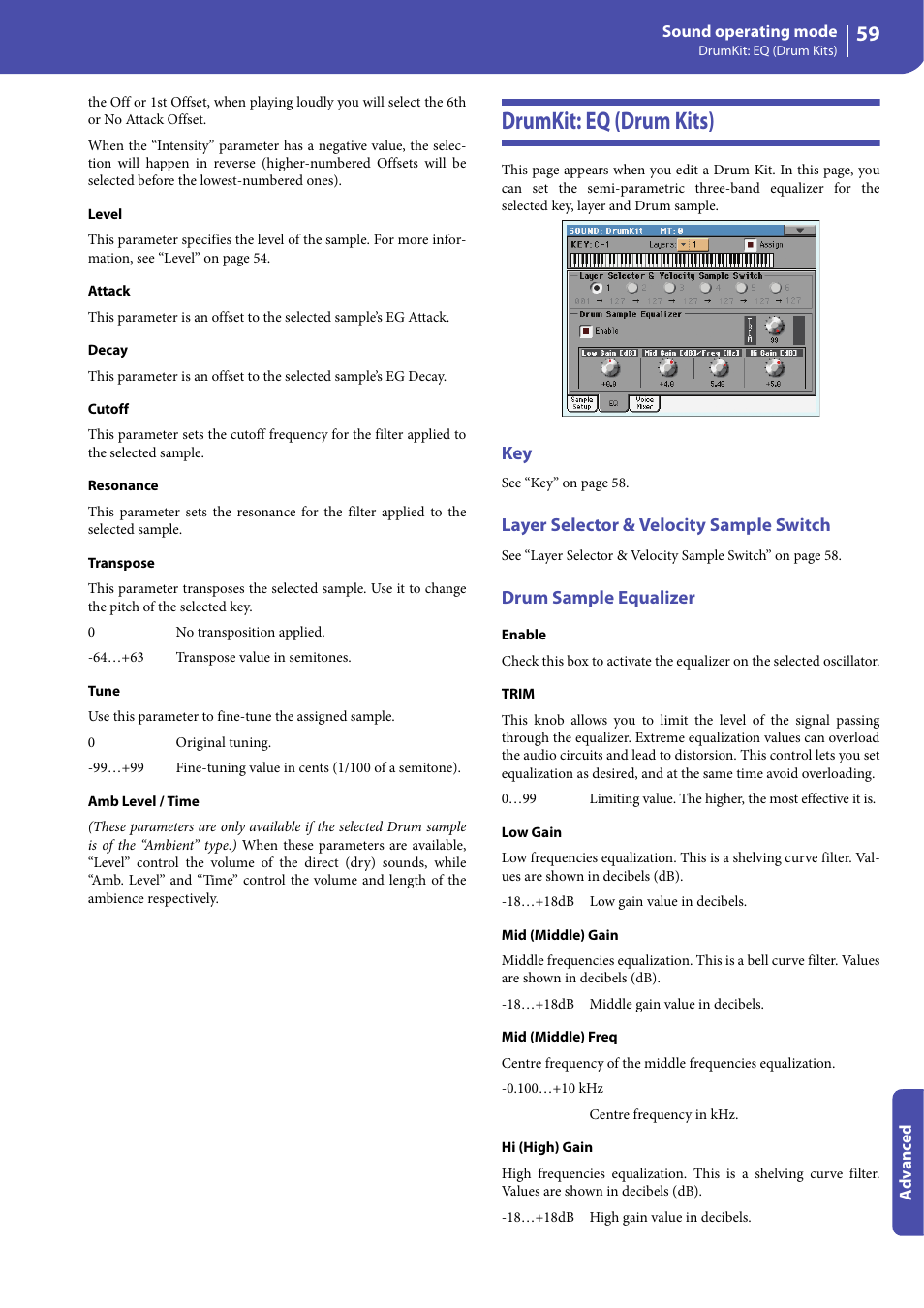 Drumkit: eq (drum kits), Layer selector & velocity sample switch, Drum sample equalizer | KORG Professional Engineer PA3 User Manual | Page 61 / 250