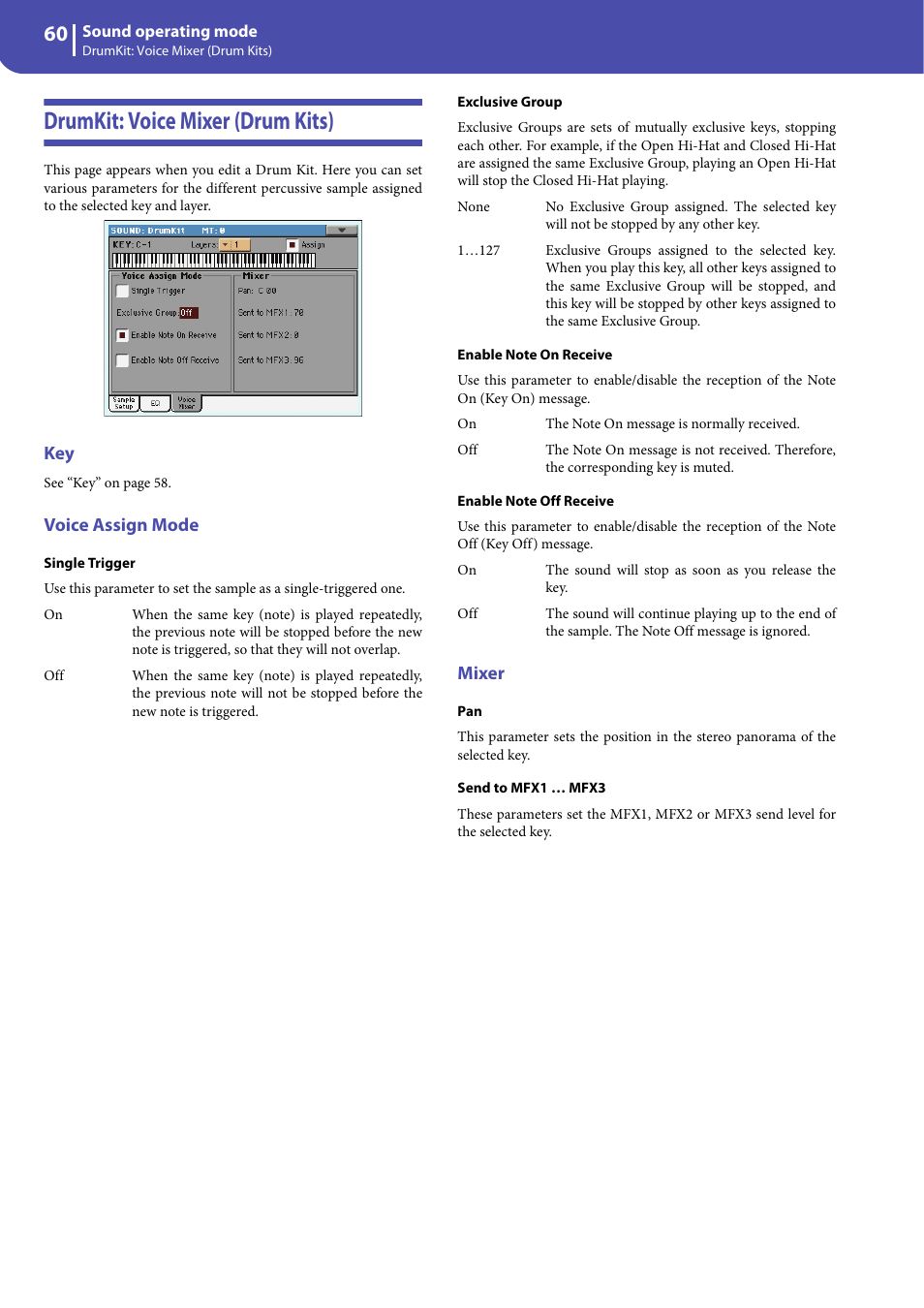 Drumkit: voice mixer (drum kits), Voice assign mode, Mixer | KORG Professional Engineer PA3 User Manual | Page 62 / 250