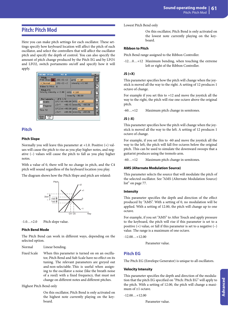 Pitch: pitch mod, Pitch, Pitch eg | KORG Professional Engineer PA3 User Manual | Page 63 / 250