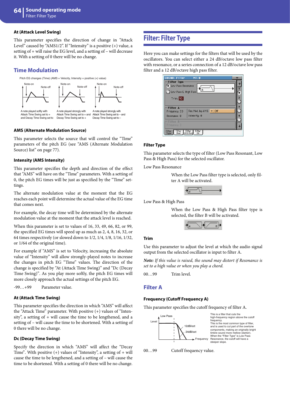 Time modulation, Filter: filter type, Filter a | Nd “at (attack level swing), Sound operating mode | KORG Professional Engineer PA3 User Manual | Page 66 / 250