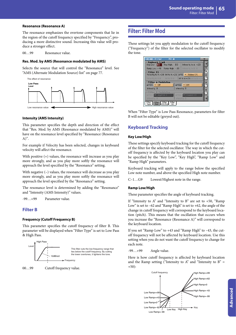 Filter b, Filter: filter mod, Keyboard tracking | Sound operating mode, Advanced | KORG Professional Engineer PA3 User Manual | Page 67 / 250