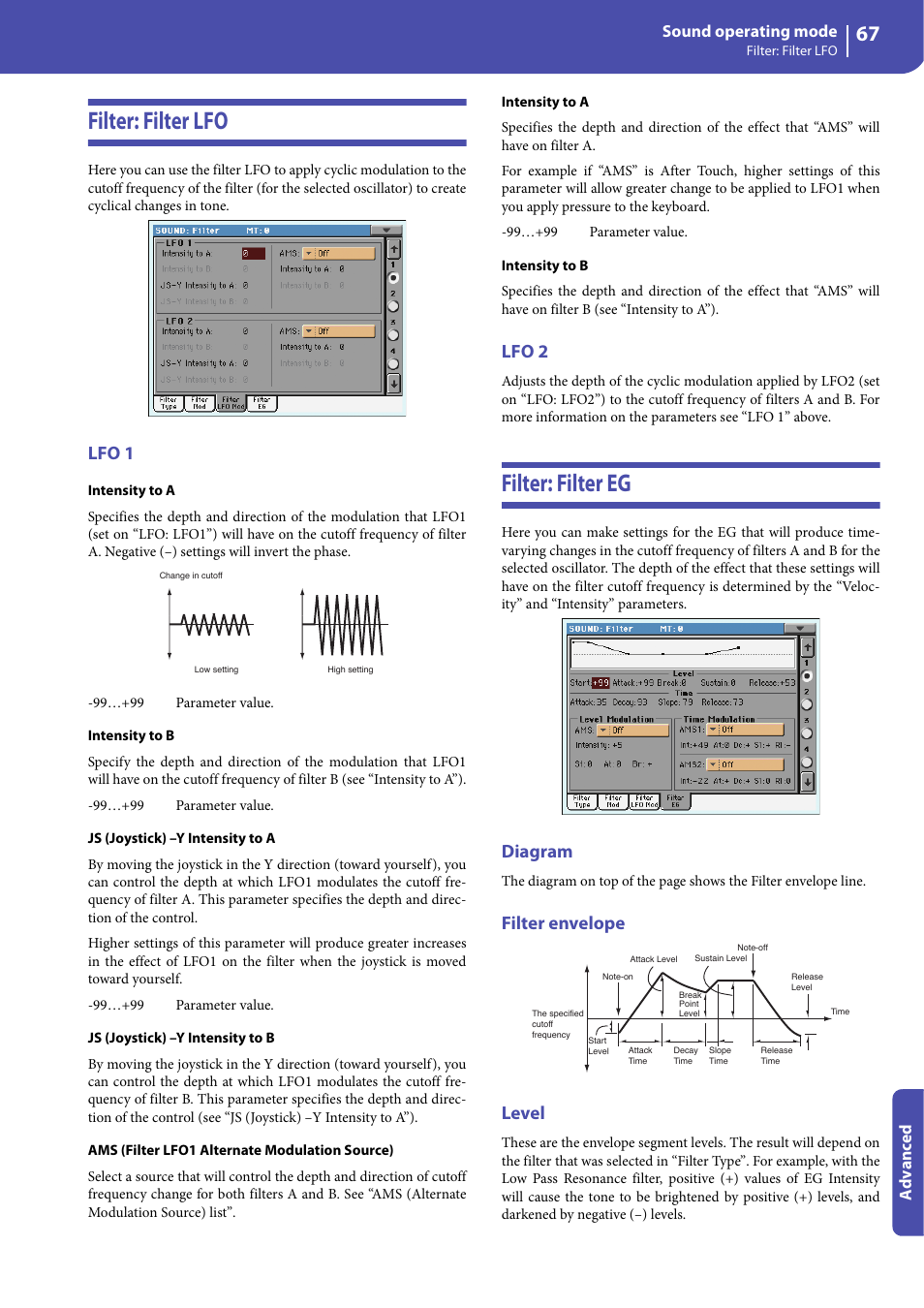 Filter: filter lfo, Lfo 1, Lfo 2 | Filter: filter eg, Diagram, Filter envelope, Level, Filter: filter lfo filter: filter eg, Filter: filter eg”) t, Filter envelope level | KORG Professional Engineer PA3 User Manual | Page 69 / 250