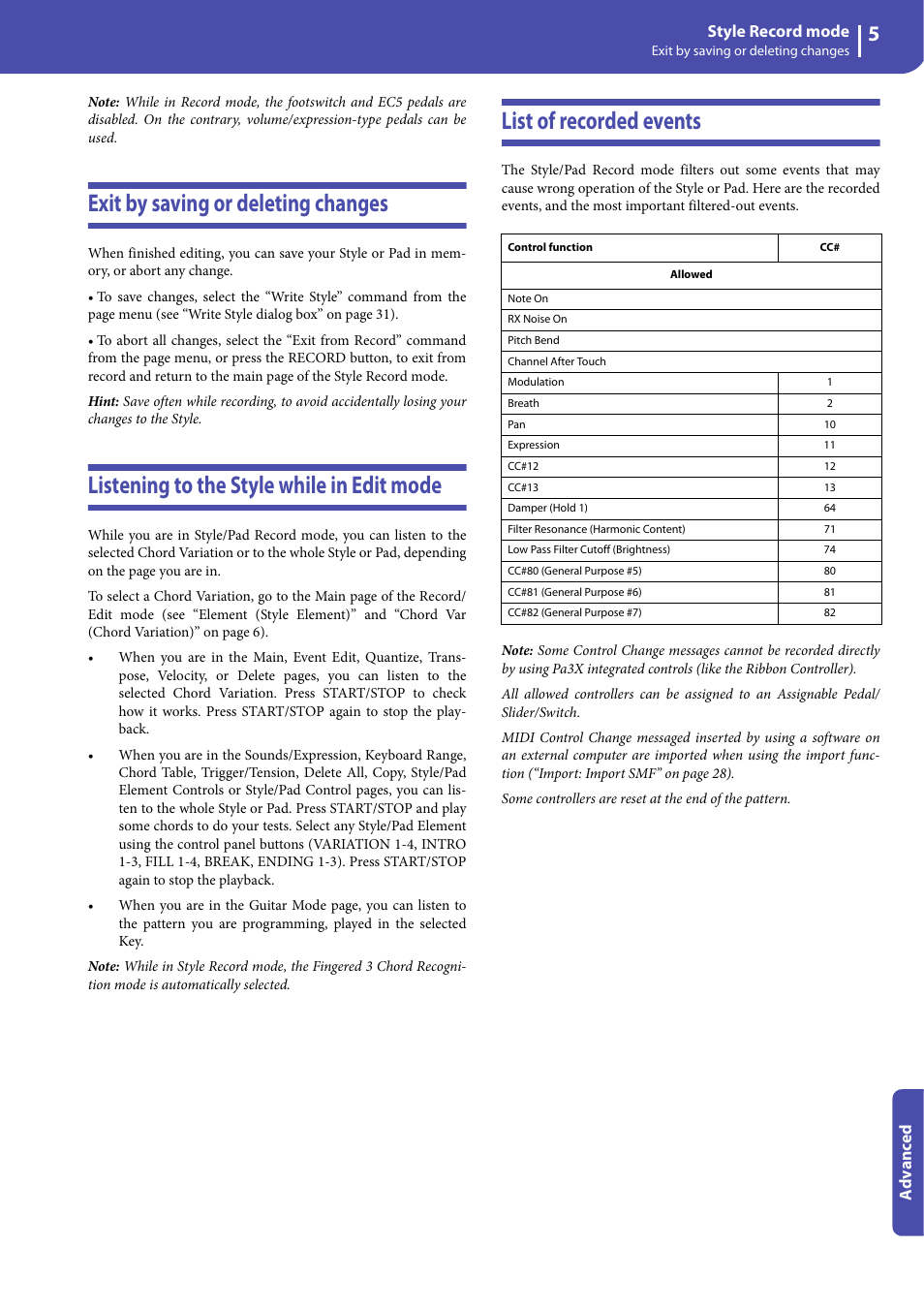 Exit by saving or deleting changes, Listening to the style while in edit mode, List of recorded events | KORG Professional Engineer PA3 User Manual | Page 7 / 250