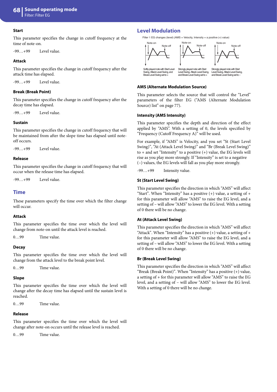 Time, Level modulation, Sustain” pa | KORG Professional Engineer PA3 User Manual | Page 70 / 250