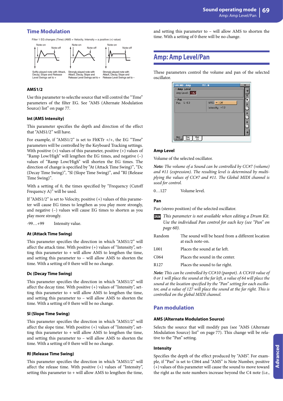 Time modulation, Amp: amp level/pan, Pan modulation | KORG Professional Engineer PA3 User Manual | Page 71 / 250