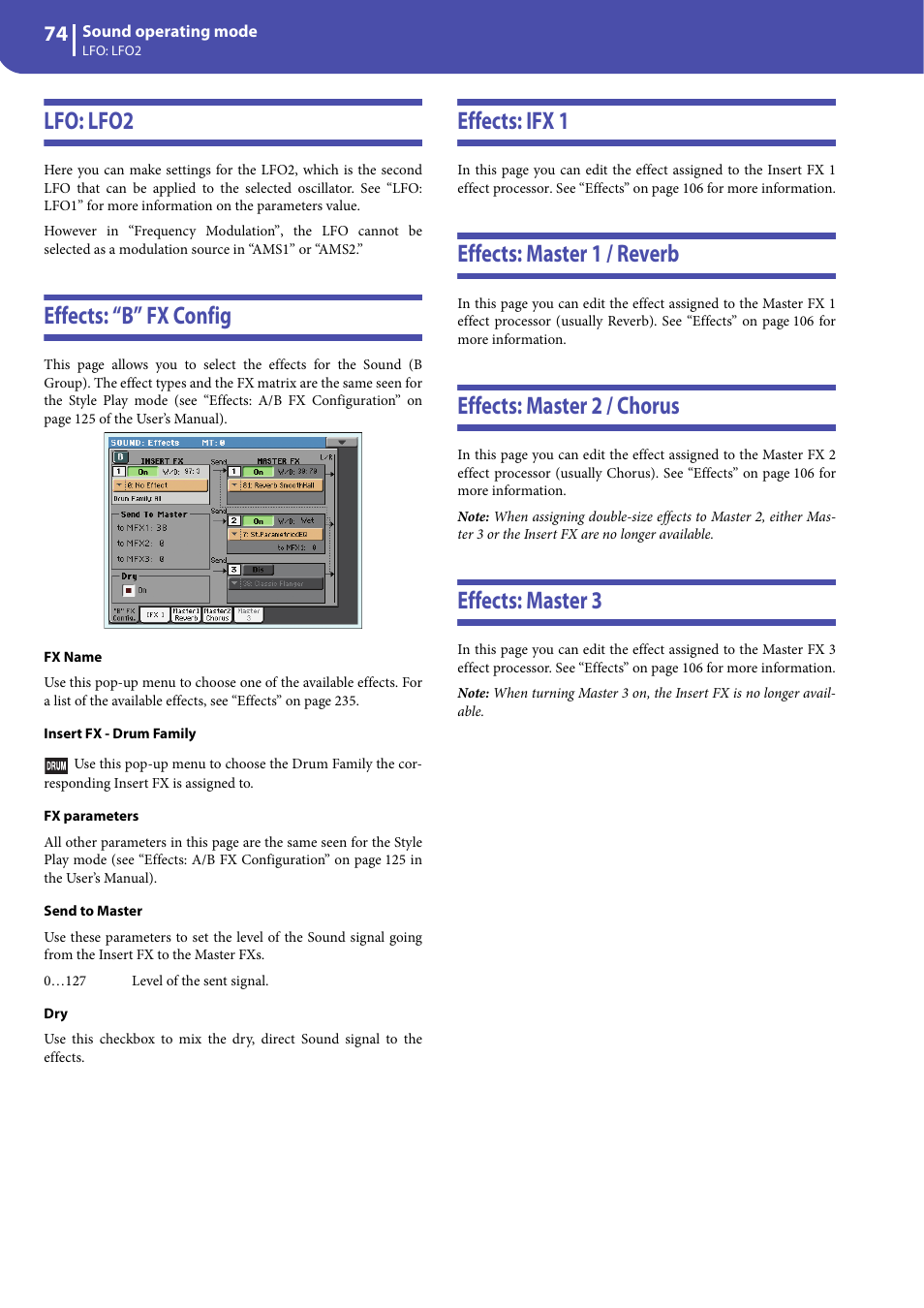 Lfo: lfo2, Effects: “b” fx config, Effects: ifx 1 | Effects: master 1 / reverb, Effects: master 2 / chorus, Effects: master 3, Lfo: lfo2”) | KORG Professional Engineer PA3 User Manual | Page 76 / 250