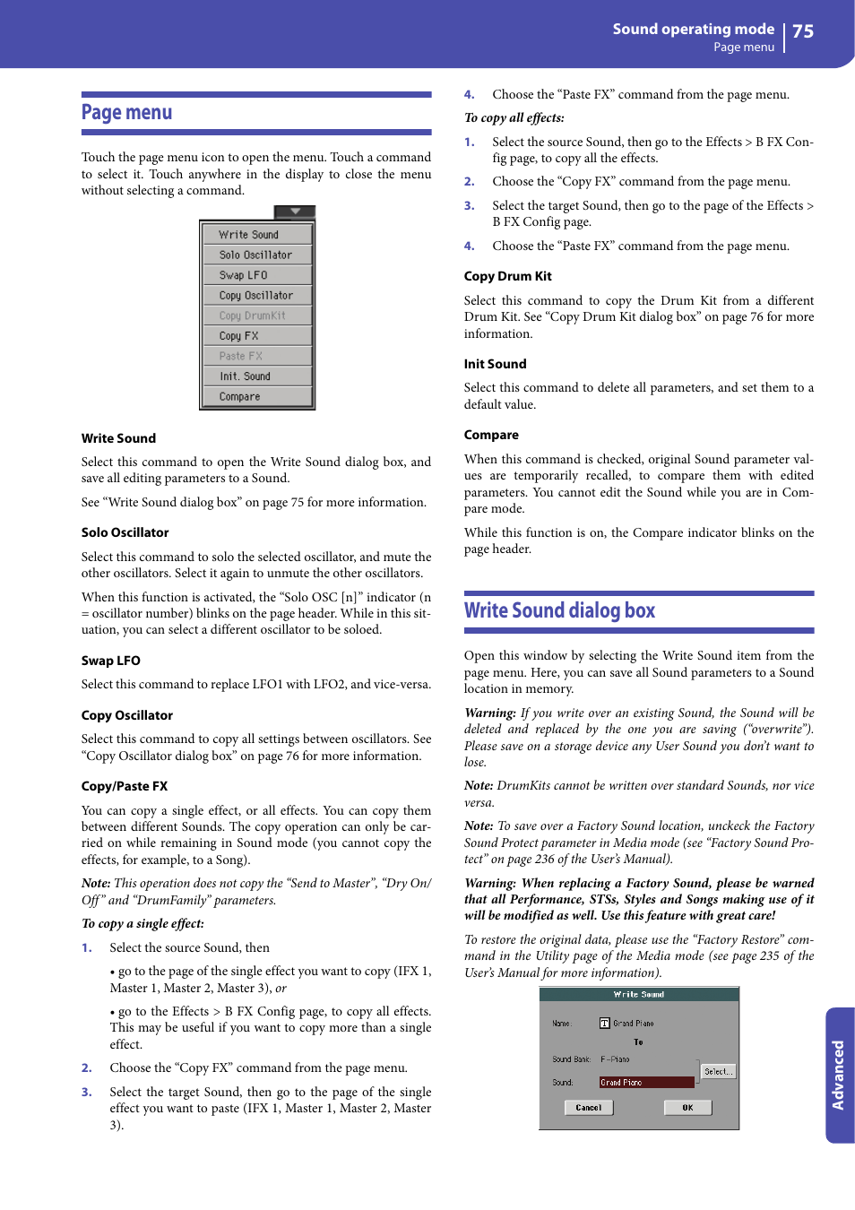 Write sound dialog box, Page menu | KORG Professional Engineer PA3 User Manual | Page 77 / 250