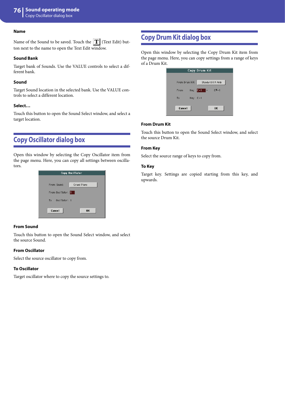 Copy oscillator dialog box, Copy drum kit dialog box | KORG Professional Engineer PA3 User Manual | Page 78 / 250