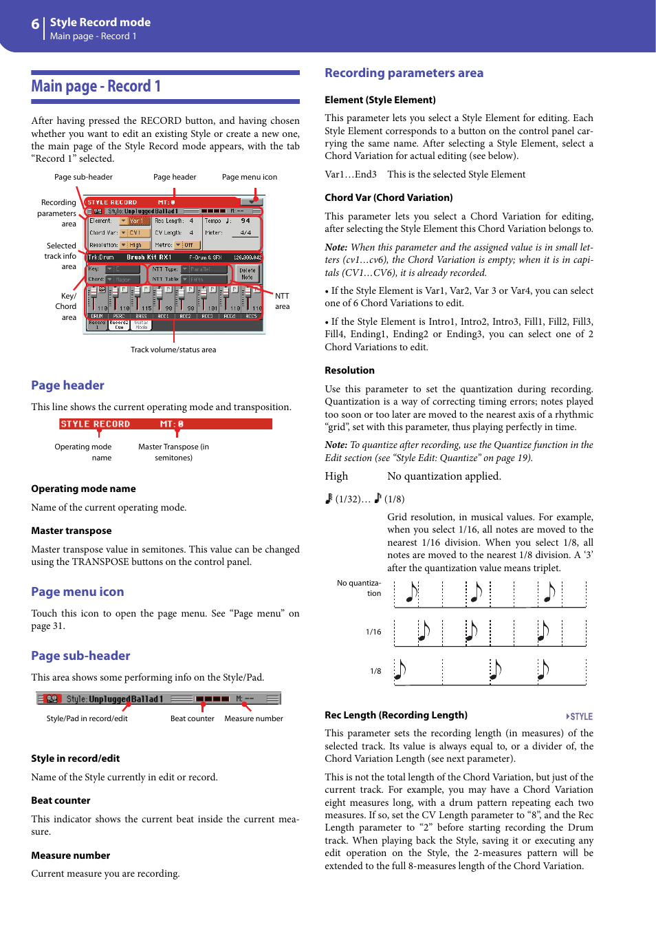 Recording parameters area, See “element (style element)” a, D “chord var (chord variation)” o | Main page - record 1, Page header, Page menu icon, Page sub-header | KORG Professional Engineer PA3 User Manual | Page 8 / 250