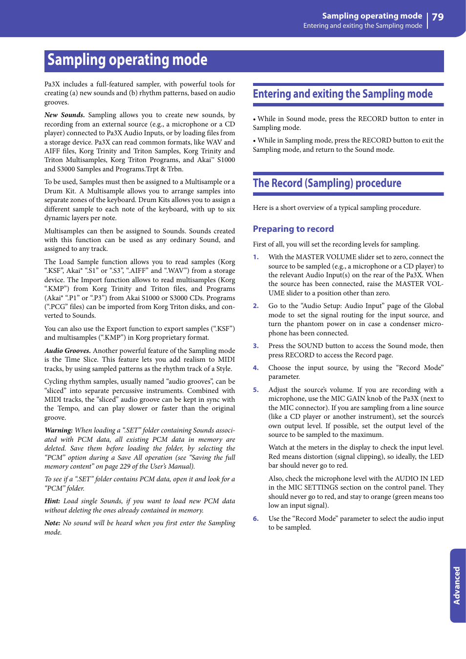 Sampling operating mode, Entering and exiting the sampling mode, The record (sampling) procedure | Preparing to record | KORG Professional Engineer PA3 User Manual | Page 81 / 250