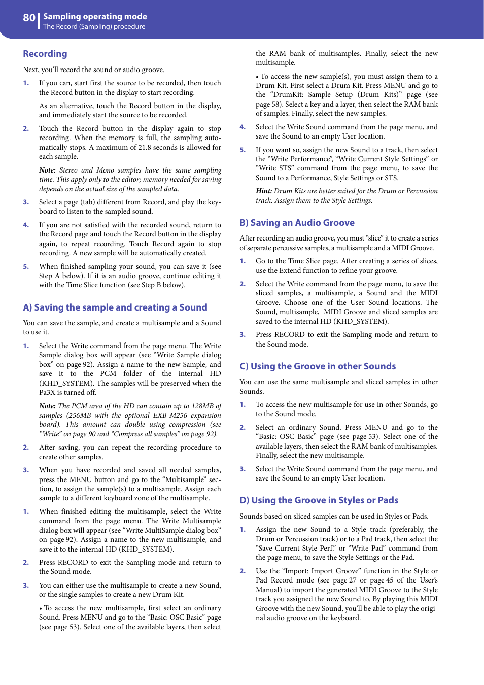 Recording, A) saving the sample and creating a sound, B) saving an audio groove | C) using the groove in other sounds, D) using the groove in styles or pads | KORG Professional Engineer PA3 User Manual | Page 82 / 250
