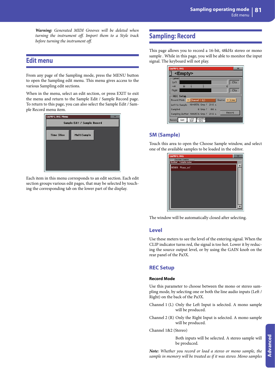 Edit menu, Sampling: record, Sm (sample) | Level, Rec setup, Edit menu sampling: record | KORG Professional Engineer PA3 User Manual | Page 83 / 250