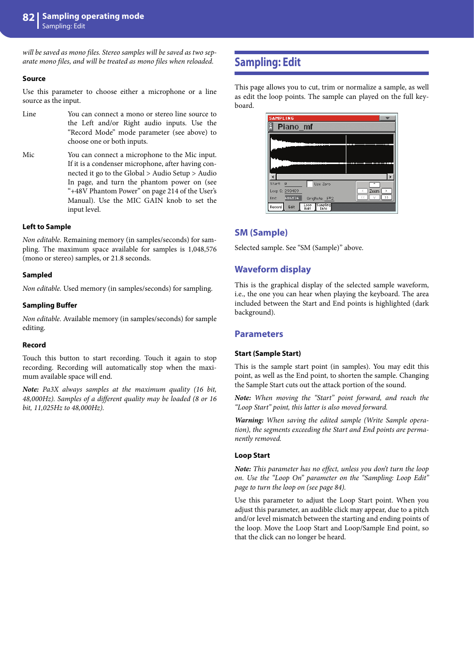 Sampling: edit, Sm (sample), Waveform display | Parameters | KORG Professional Engineer PA3 User Manual | Page 84 / 250