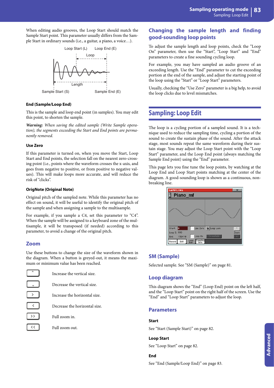 Zoom, Sampling: loop edit, Sm (sample) | Loop diagram, Parameters | KORG Professional Engineer PA3 User Manual | Page 85 / 250