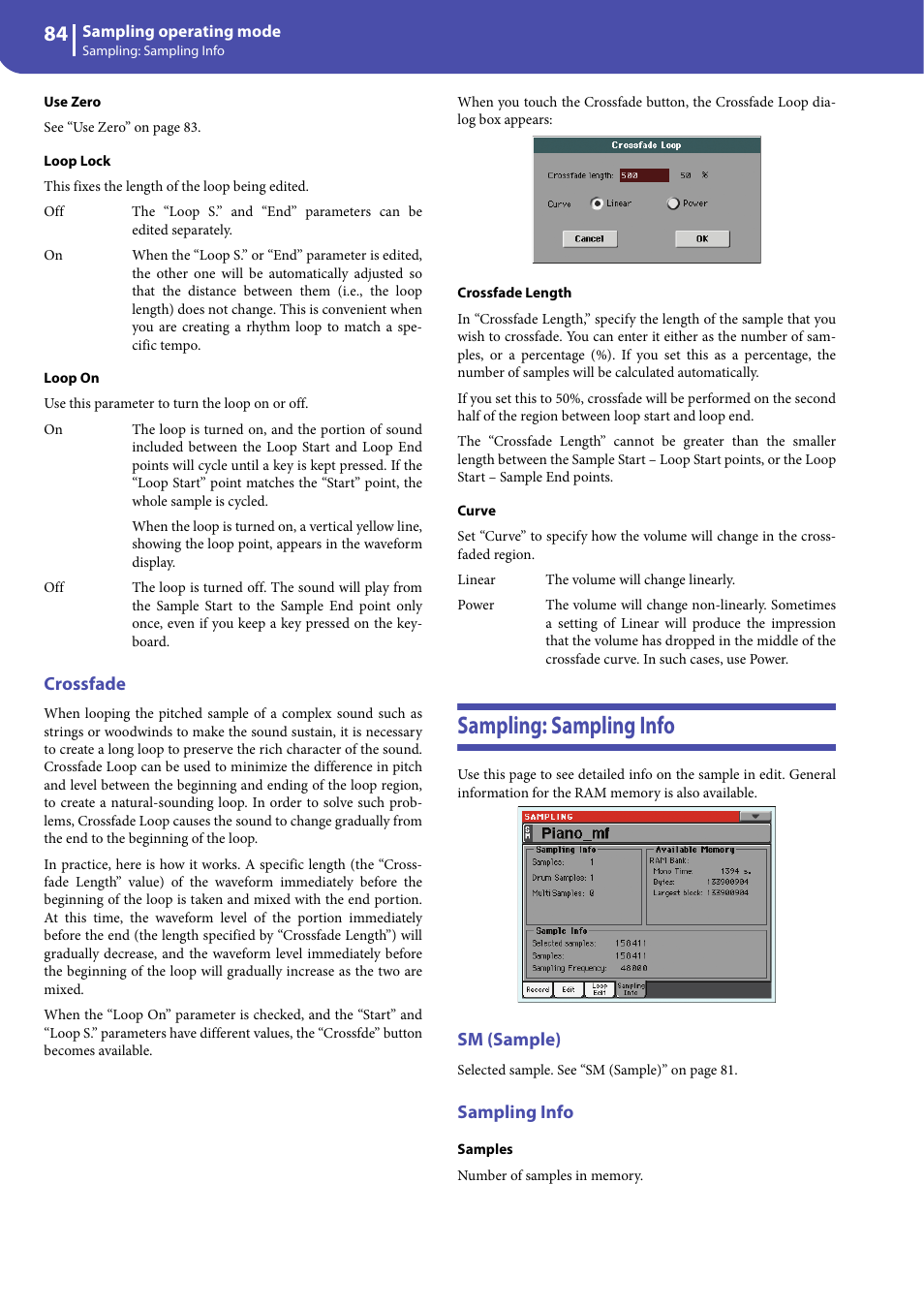 Crossfade, Sampling: sampling info, Sm (sample) | Sampling info, Loop on” pa | KORG Professional Engineer PA3 User Manual | Page 86 / 250