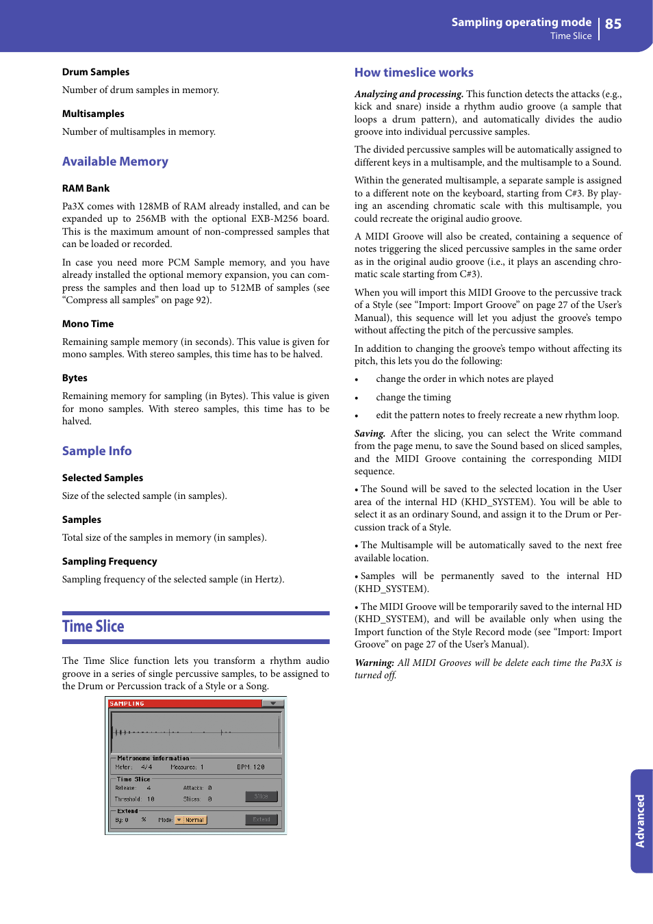 Available memory, Sample info, Time slice | How timeslice works | KORG Professional Engineer PA3 User Manual | Page 87 / 250