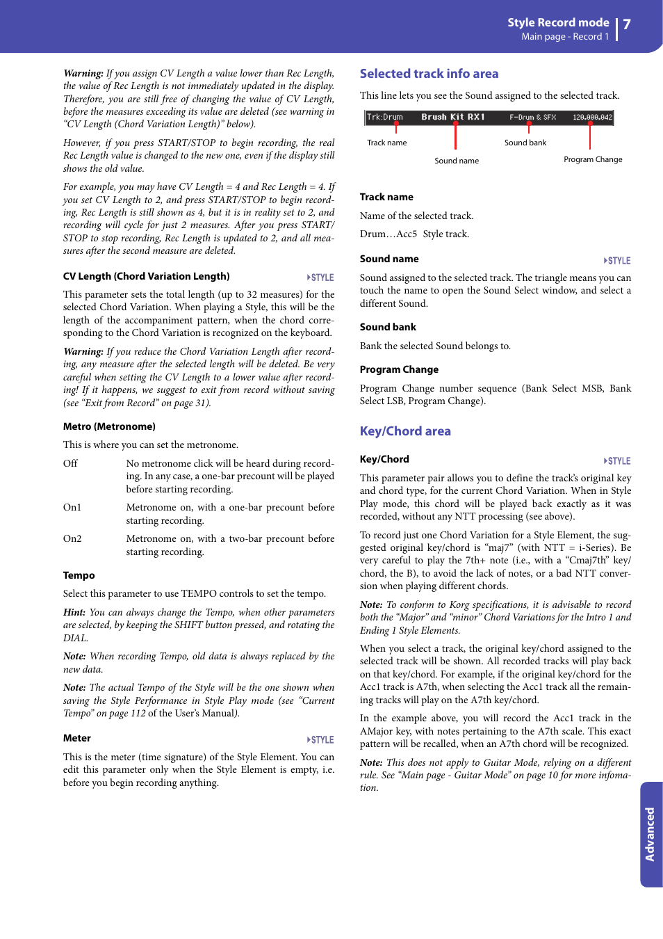 Selected track info area, Key/chord area | KORG Professional Engineer PA3 User Manual | Page 9 / 250