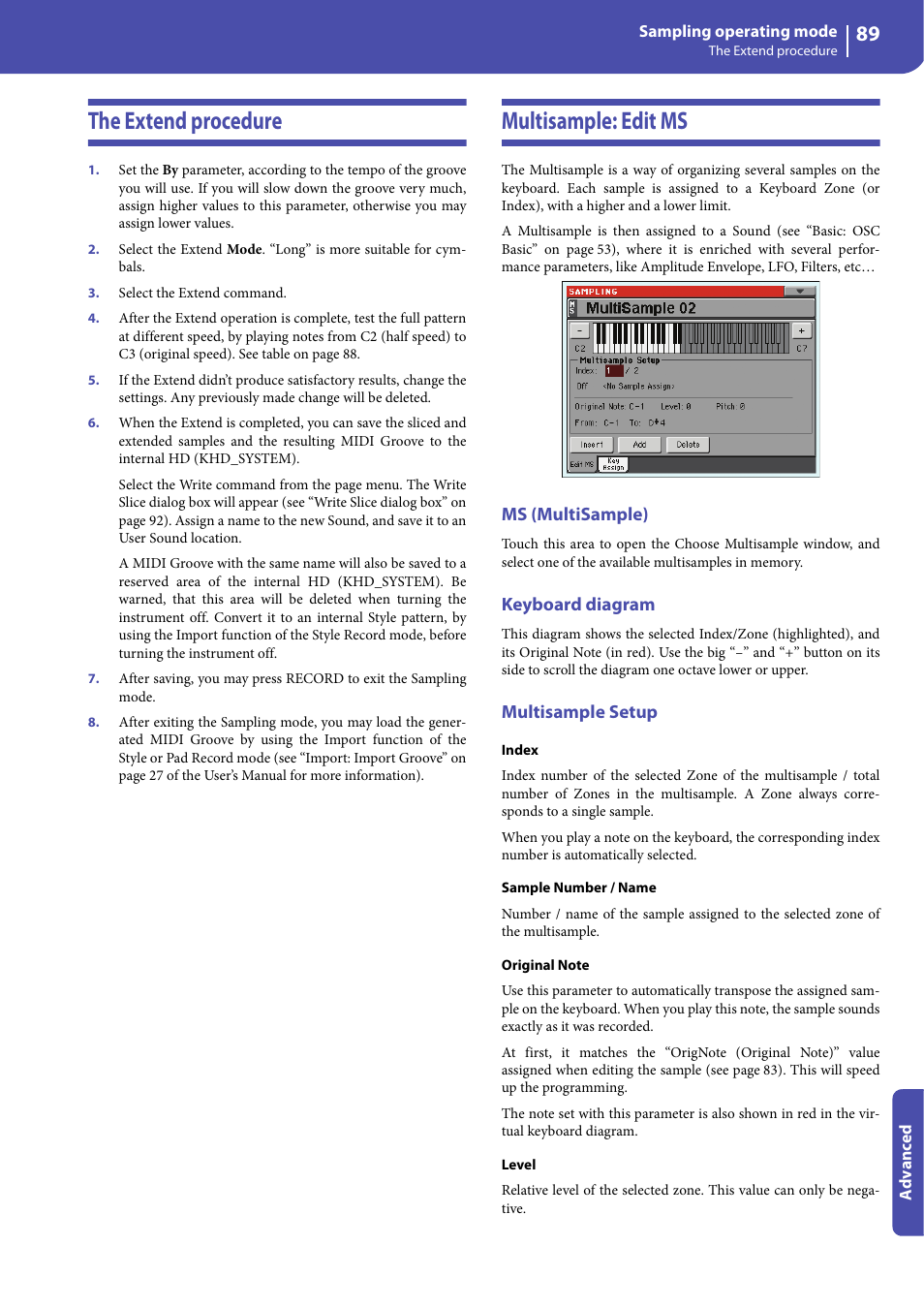 The extend procedure, Multisample: edit ms, Ms (multisample) | Keyboard diagram, Multisample setup, The extend procedure multisample: edit ms | KORG Professional Engineer PA3 User Manual | Page 91 / 250