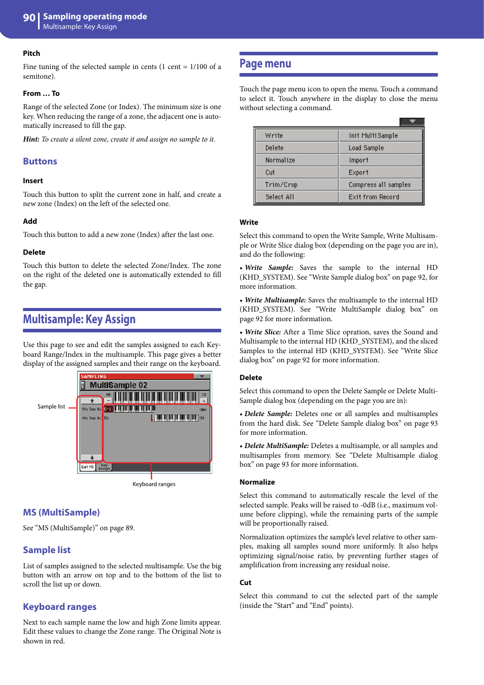 Buttons, Multisample: key assign, Ms (multisample) | Sample list, Keyboard ranges, Page menu | KORG Professional Engineer PA3 User Manual | Page 92 / 250