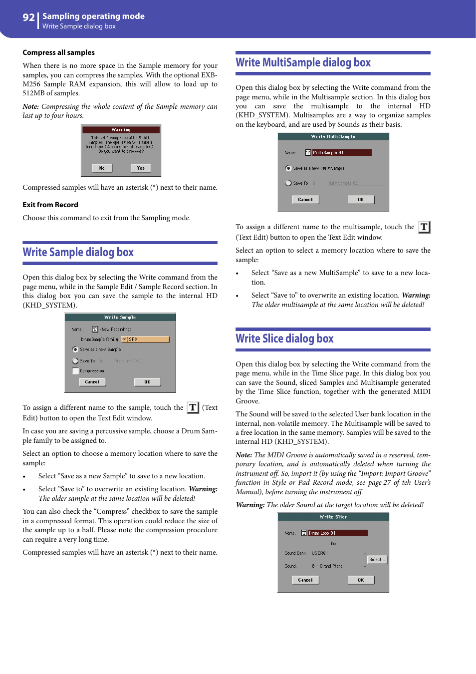 Write sample dialog box, Write multisample dialog box, Write slice dialog box | KORG Professional Engineer PA3 User Manual | Page 94 / 250