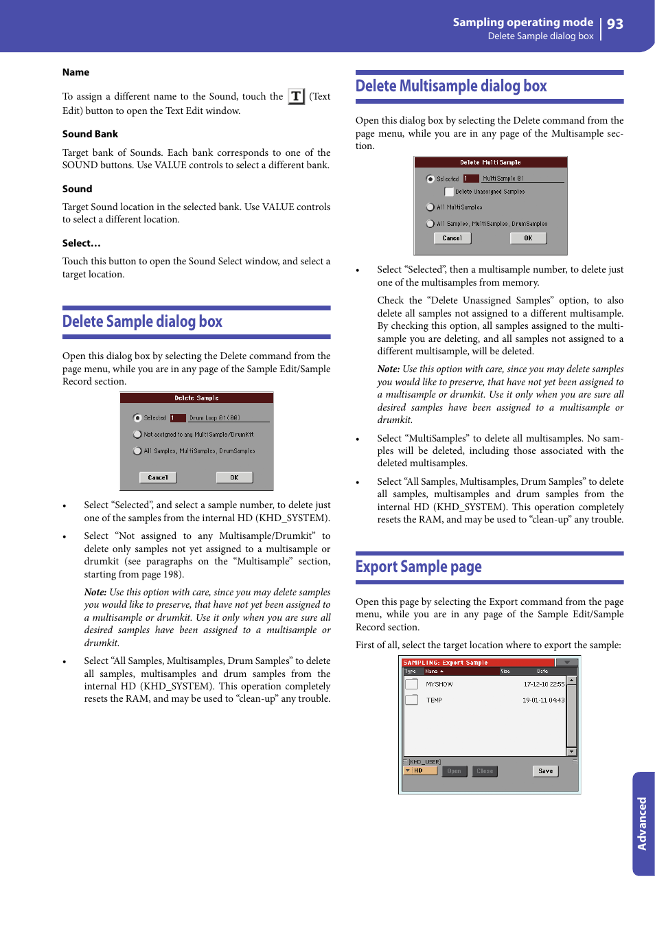 Delete sample dialog box, Delete multisample dialog box, Export sample page | KORG Professional Engineer PA3 User Manual | Page 95 / 250