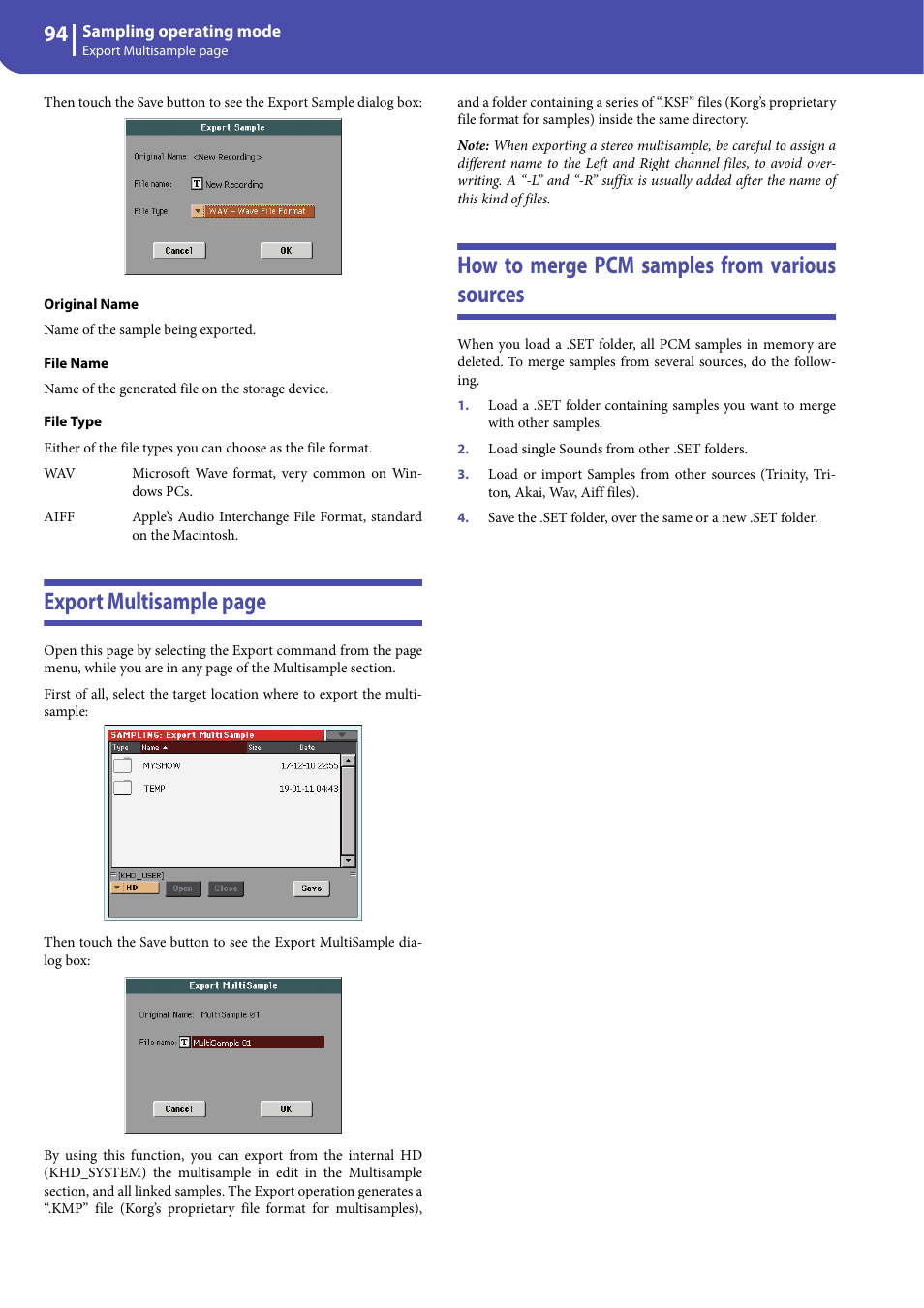 How to merge pcm samples from various sources, Export multisample page | KORG Professional Engineer PA3 User Manual | Page 96 / 250
