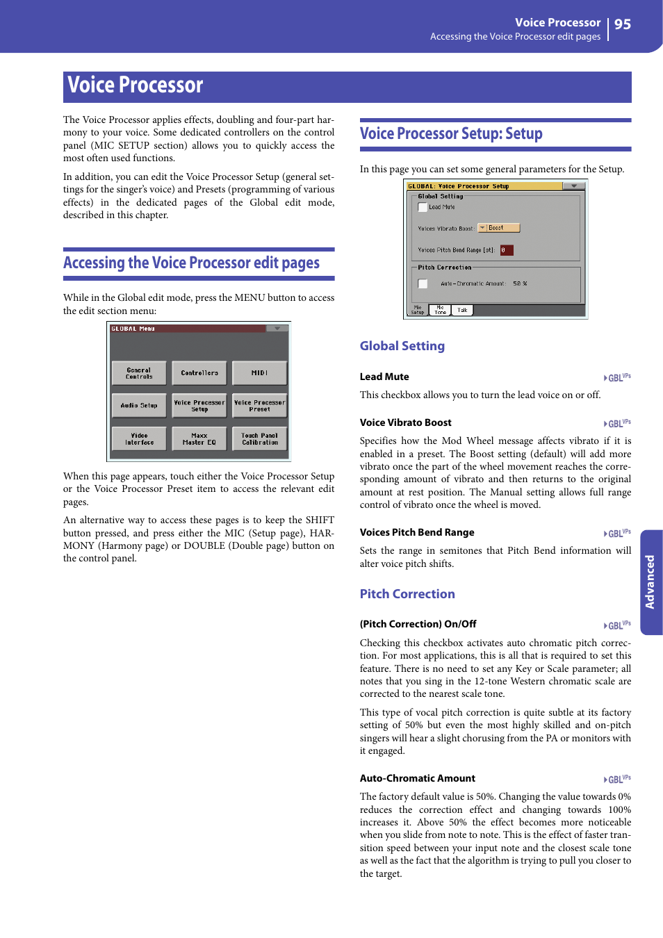 Voice processor, Voice processor setup: setup, Global setting | Pitch correction, Accessing the voice processor edit pages | KORG Professional Engineer PA3 User Manual | Page 97 / 250