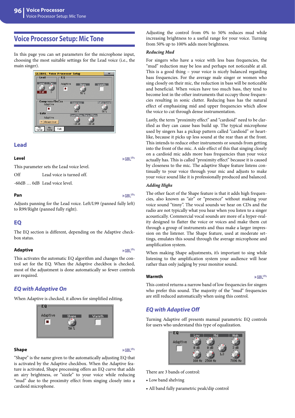 Voice processor setup: mic tone, Lead, Eq with adaptive on | Eq with adaptive off | KORG Professional Engineer PA3 User Manual | Page 98 / 250