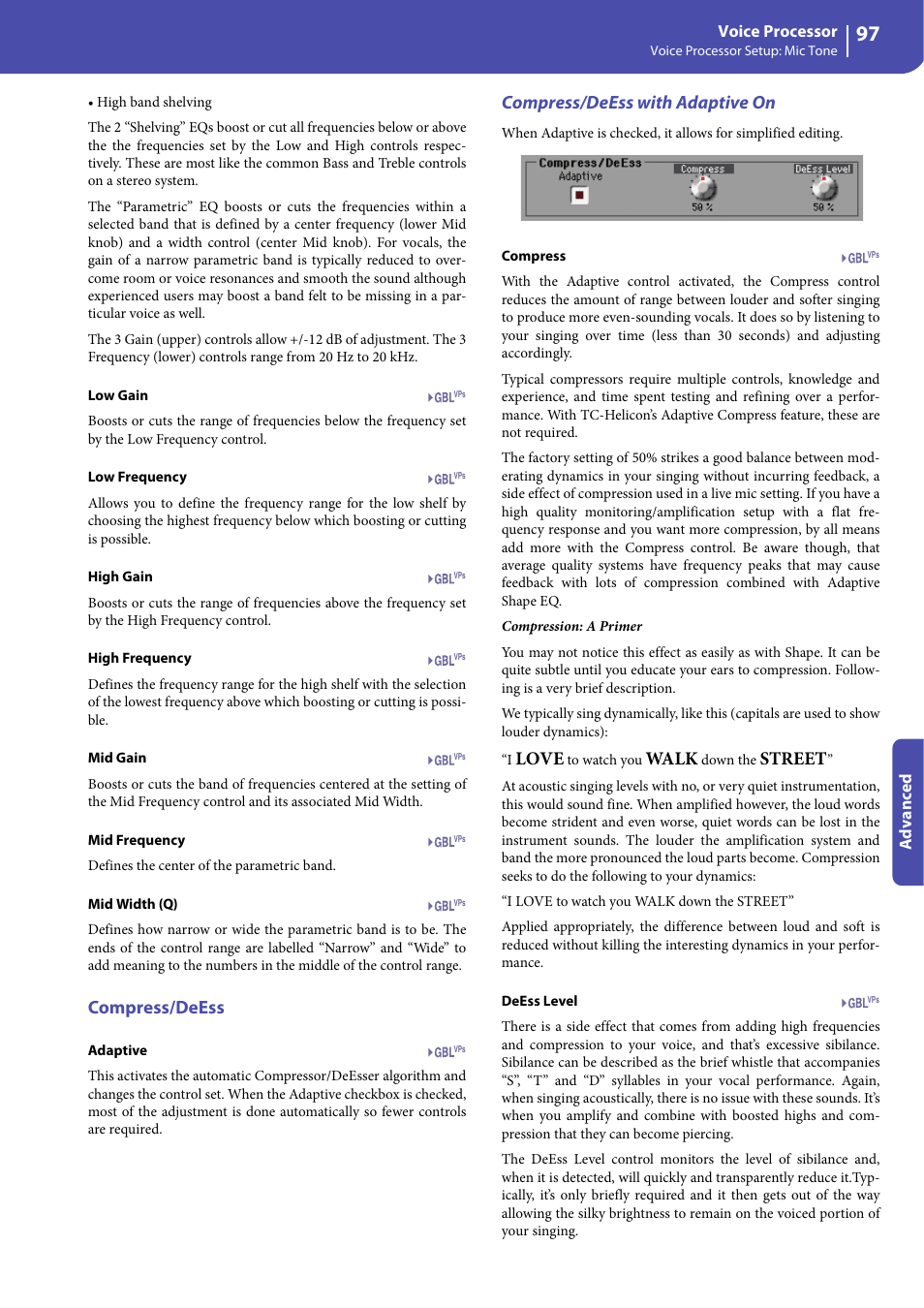 Compress/deess, Compress/deess with adaptive on, Love | Walk, Street | KORG Professional Engineer PA3 User Manual | Page 99 / 250